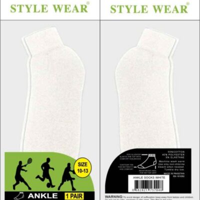 STYLE WEAR SOCKS ANKLE WHITE 12C